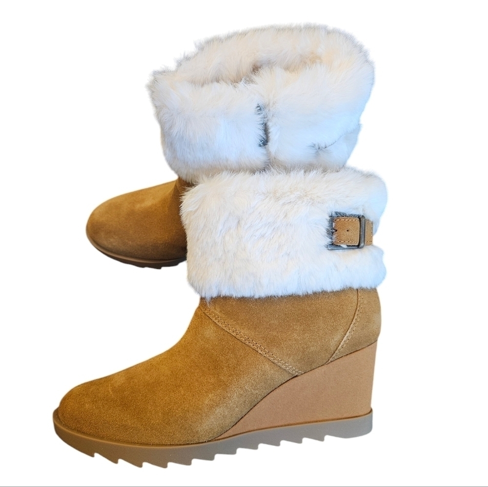 Koolaburra By UGG Ortholite Elladine Chestnut Womens Fur Wedge Booties NEW